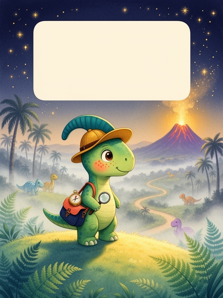 Avery, the dinosaur hero, stands in the fixed illustrated prehistoric valley holding a compass.